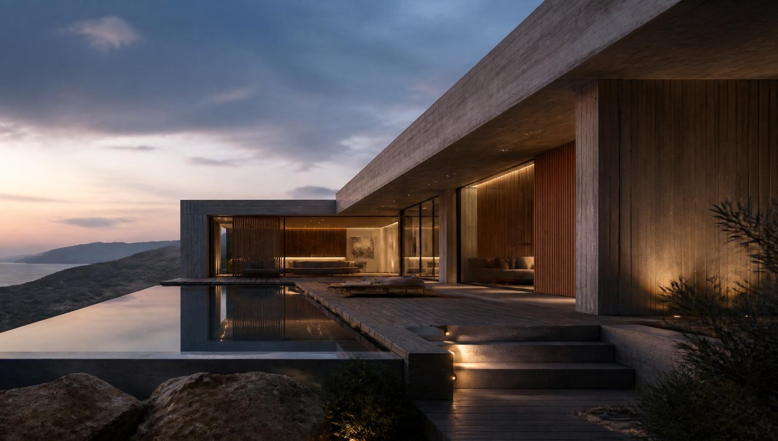 Modern minimalist villa at dusk with concrete cantilever, timber screens and a reflecting pool