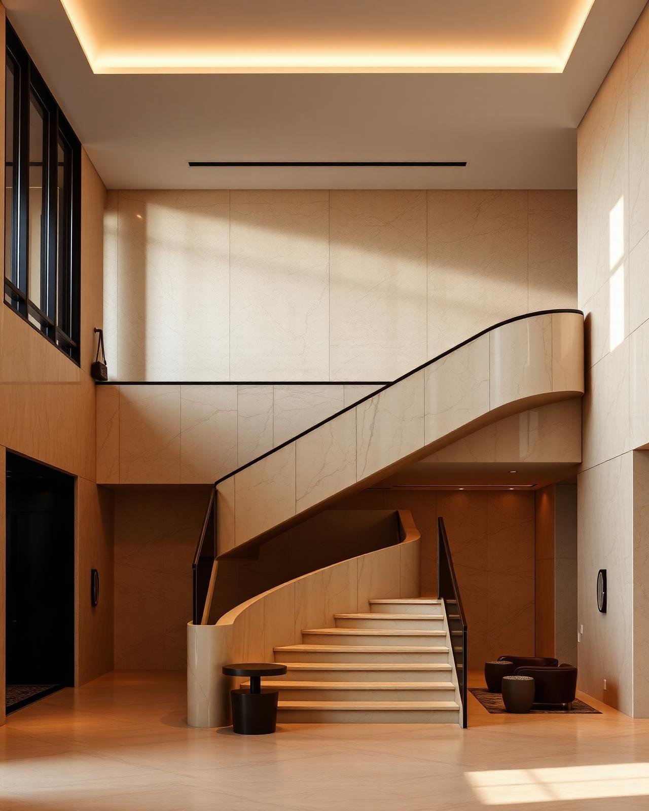 Double-height travertine hospitality lobby with sculptural stone stair